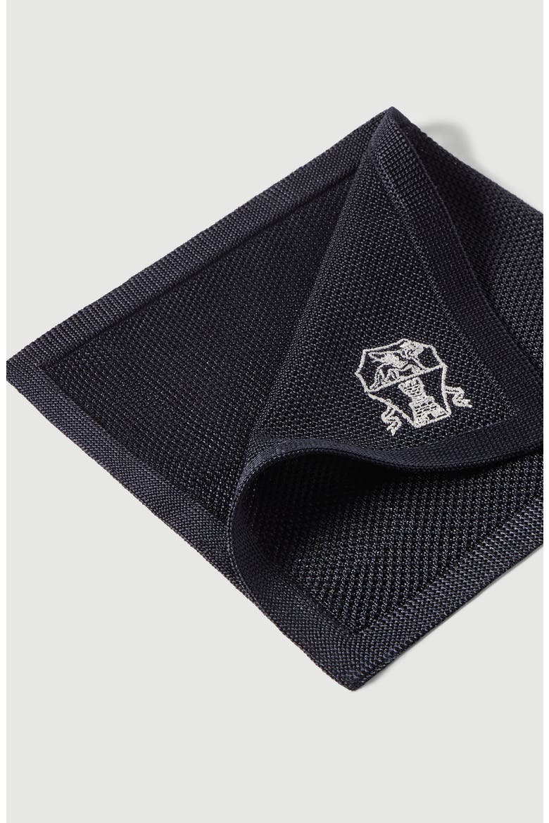 Silk knit pocket square with embroidered logo, Alternate, color, Navy Blue