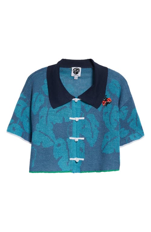 Yanyan Monstera Jacquard Crop Linen Cardigan In Blue