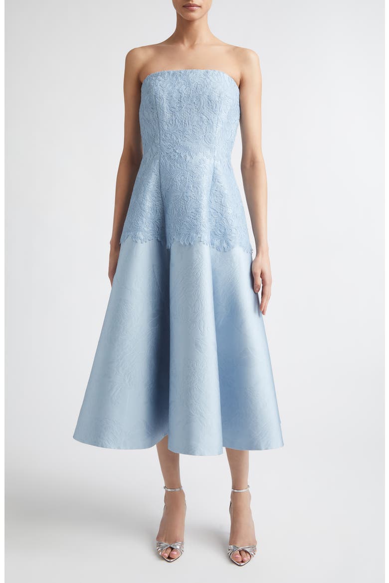 Meja Strapless Lace & Jacquard Midi Dress, Main, color, ICY BLUE