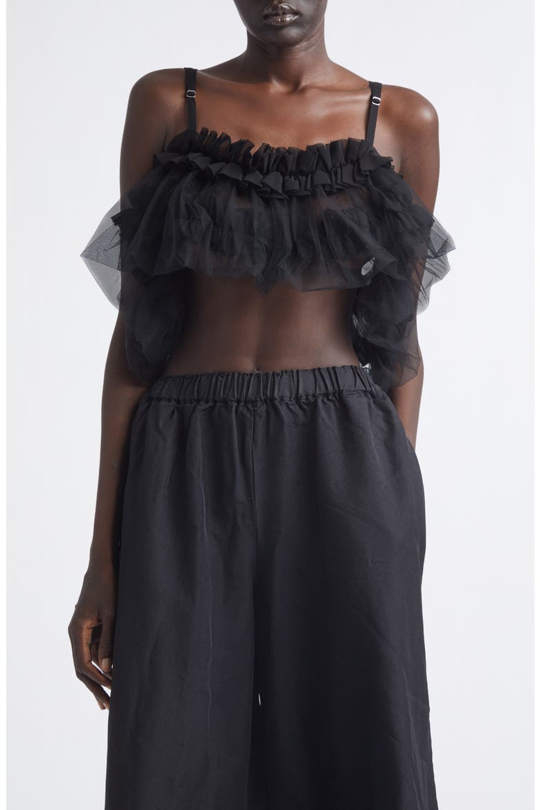 Ruffled Georgette & Tulle Crop Top, Main, color, BLACK