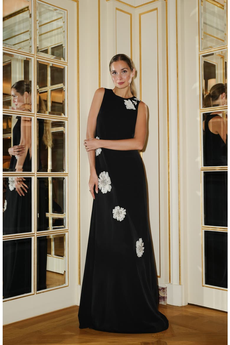 Floral Appliqué Embellished Crepe Gown, Alternate, color, BLACK