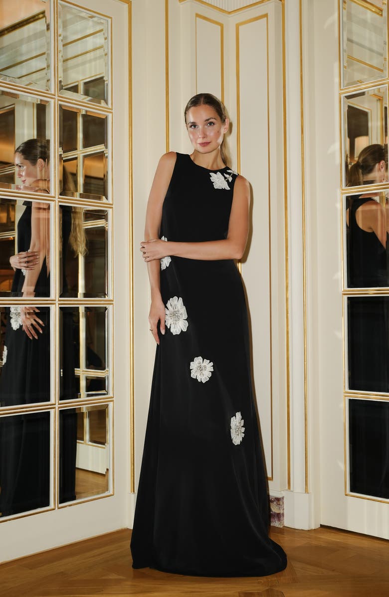 EMILY SHALANT Floral Appliqué Embellished Crepe Gown, Alternate, color, Black