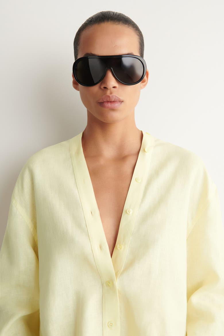 Button-detail Linen V-neck Shirt, Alternate, color, YELLOW