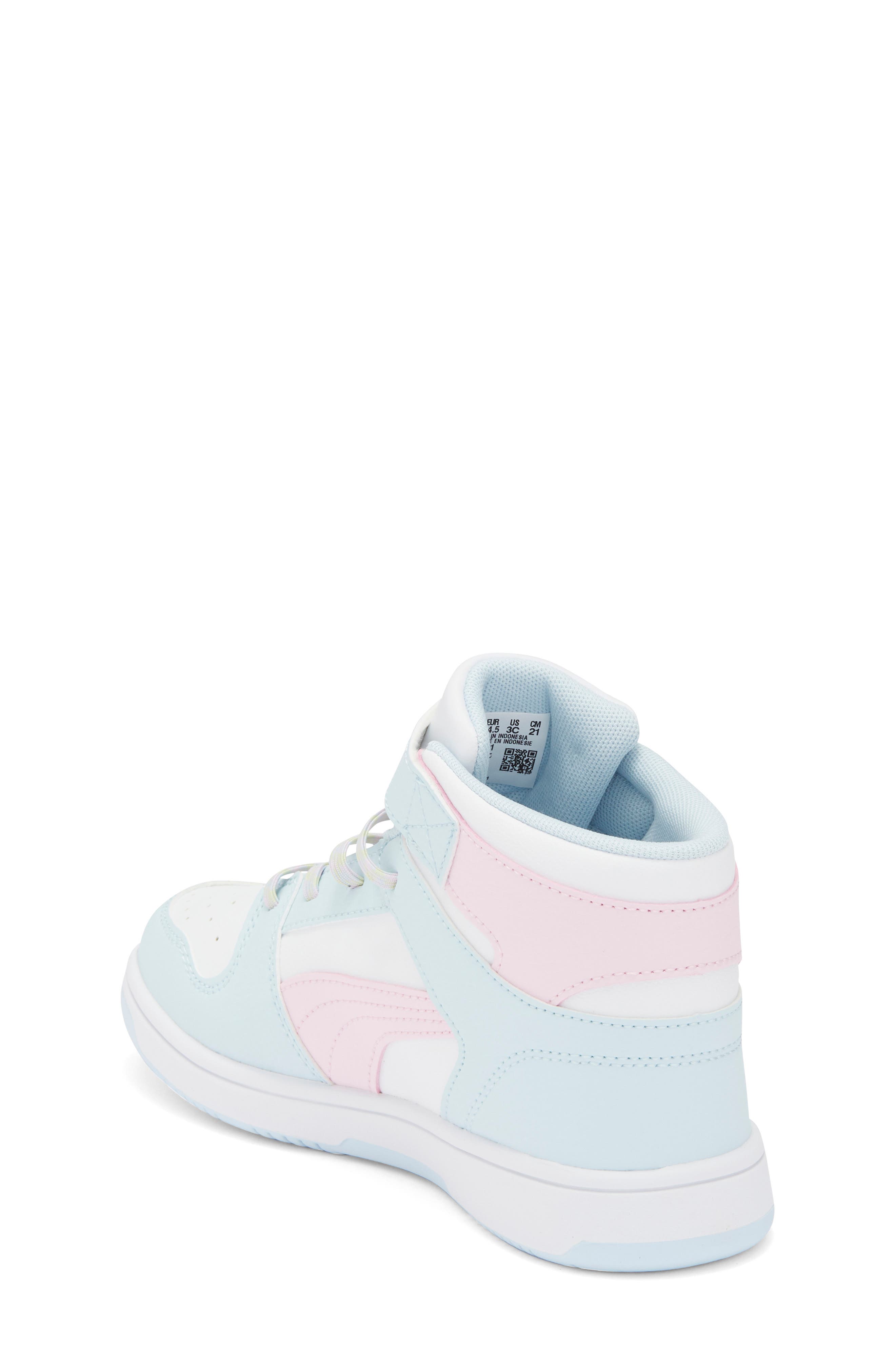 PUMA Kids' Rebound Layup Playful Charm High Top Sneaker, Alternate, color, Puma White/ Pearl Pink/ Apple