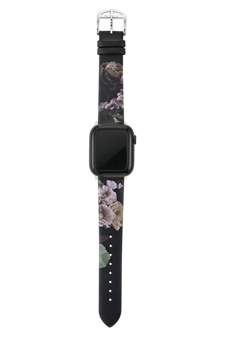 Floral Print Leather Apple Watch® Watchband, Alternate, color, BLACK
