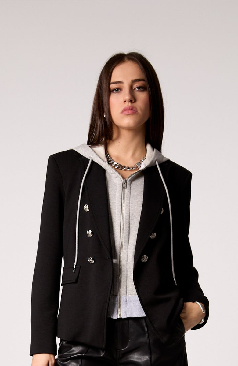 BLUE REVIVAL Helen Double-Breasted Blazer with Removable Hoodie Insert, Main, color, Black