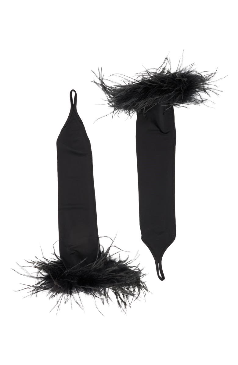 Cult Gaia Feather Trim Longline Middle Finger Gloves, Main, color,