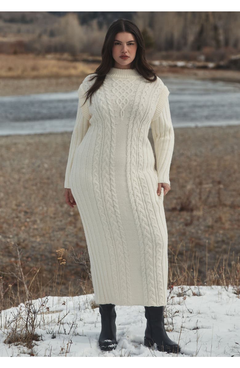 ELOQUII Cable Stitch Sweater Dress, Alternate, color, Coconut Milk