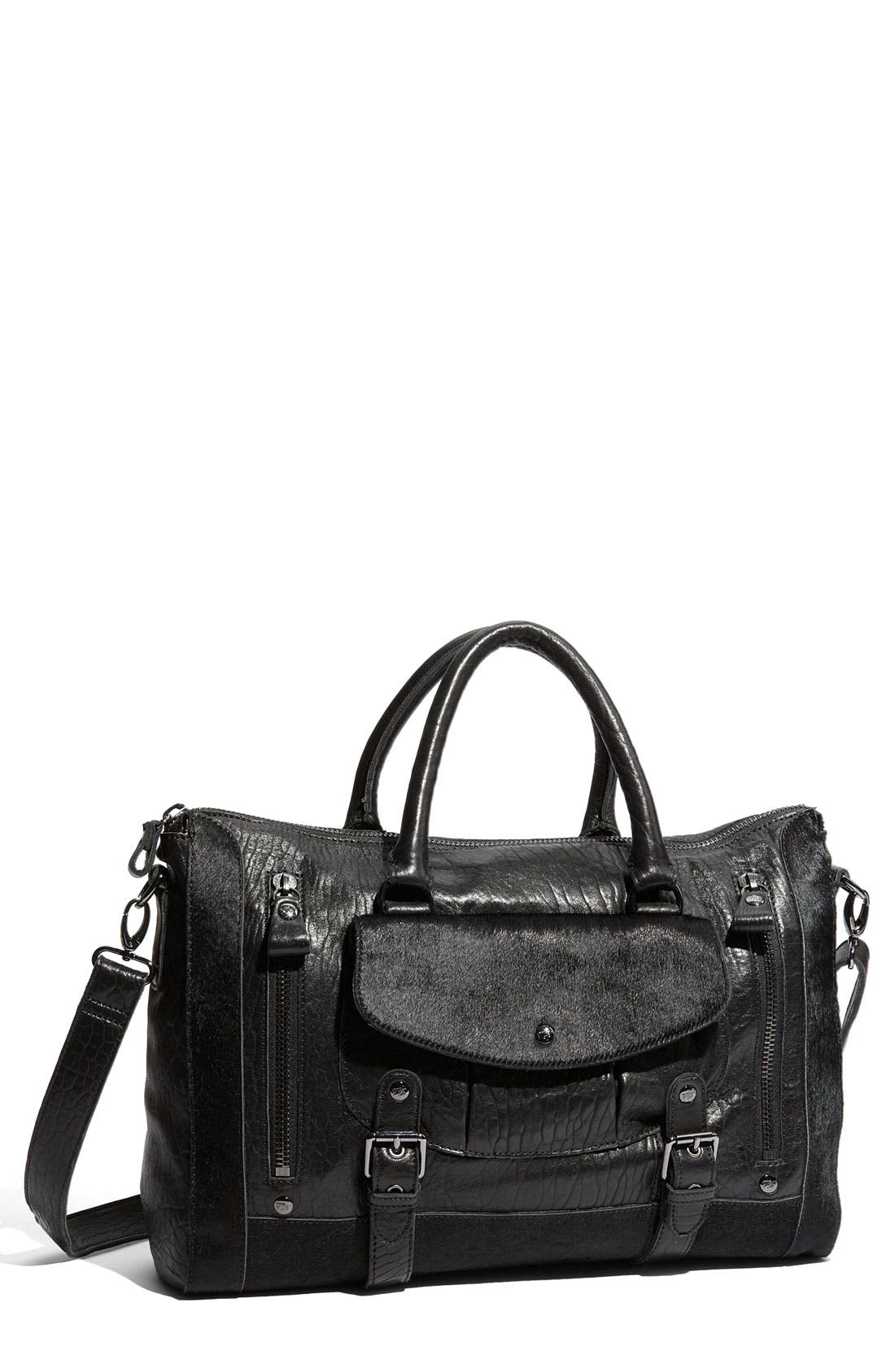 'Buckle Pocket' Leather & Calf Hair Weekend Bag, Main, color, BLACK