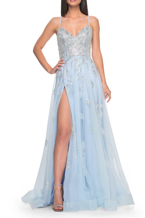 La Femme Two Tone Tulle A-Line Prom Dress with Floral Beaded Detail in Light Blue 