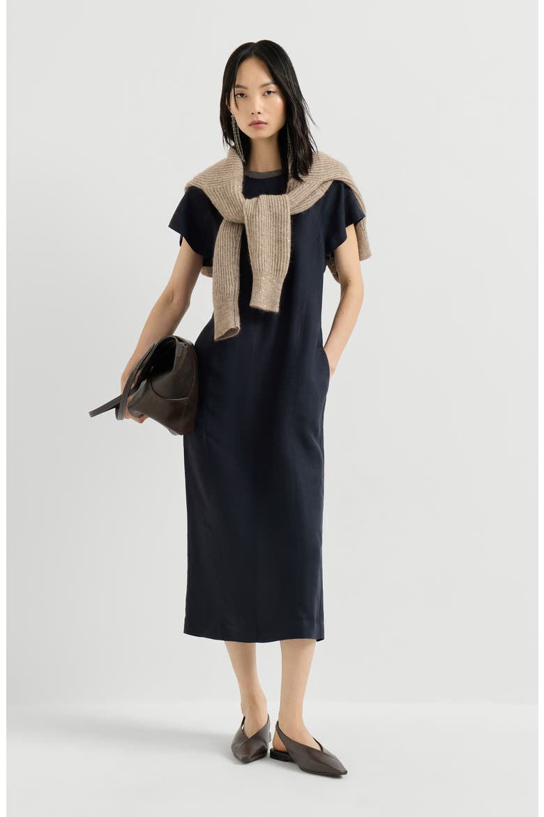 Viscose and linen fluid twill dress with precious collar, Alternate, color, Blue
