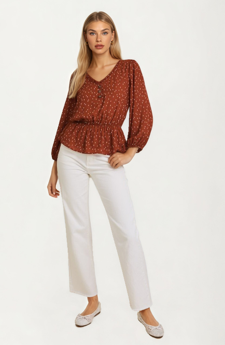 Knit and Lounge V-Neck Button Front Peplum Blouse, Alternate, color, 