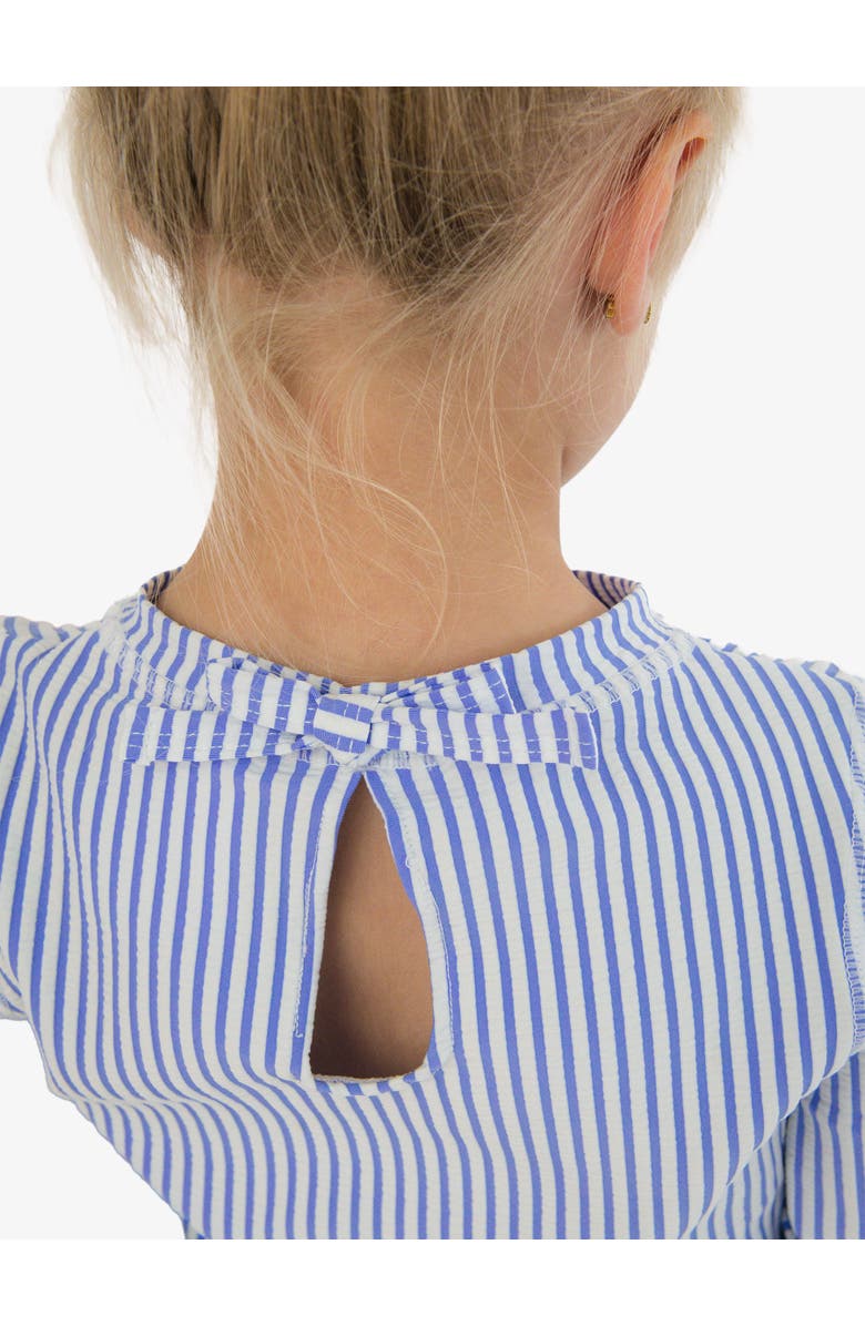 RuffleButts UPF50+ Seersucker Long Sleeve Rash Guard Ruffle Shorts 2-Piece Swimsuit, Alternate, color, Periwinkle Blue Seersucker