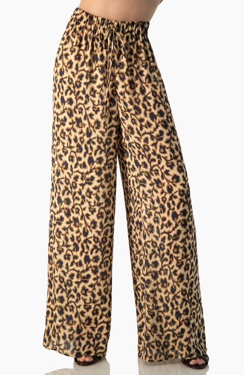 Animal-Print Wide-Leg Drawstring Pants
