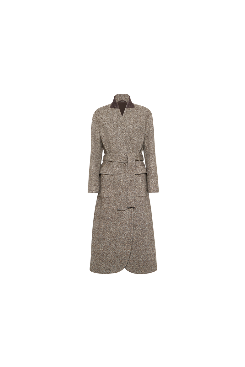 Virgin wool and silk mélange diagonal belted coat with monili, Alternate, color, Brown