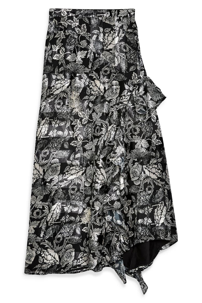 Feather Embellished Floral Maxi Skirt, Alternate, color, SILVER MULTI
