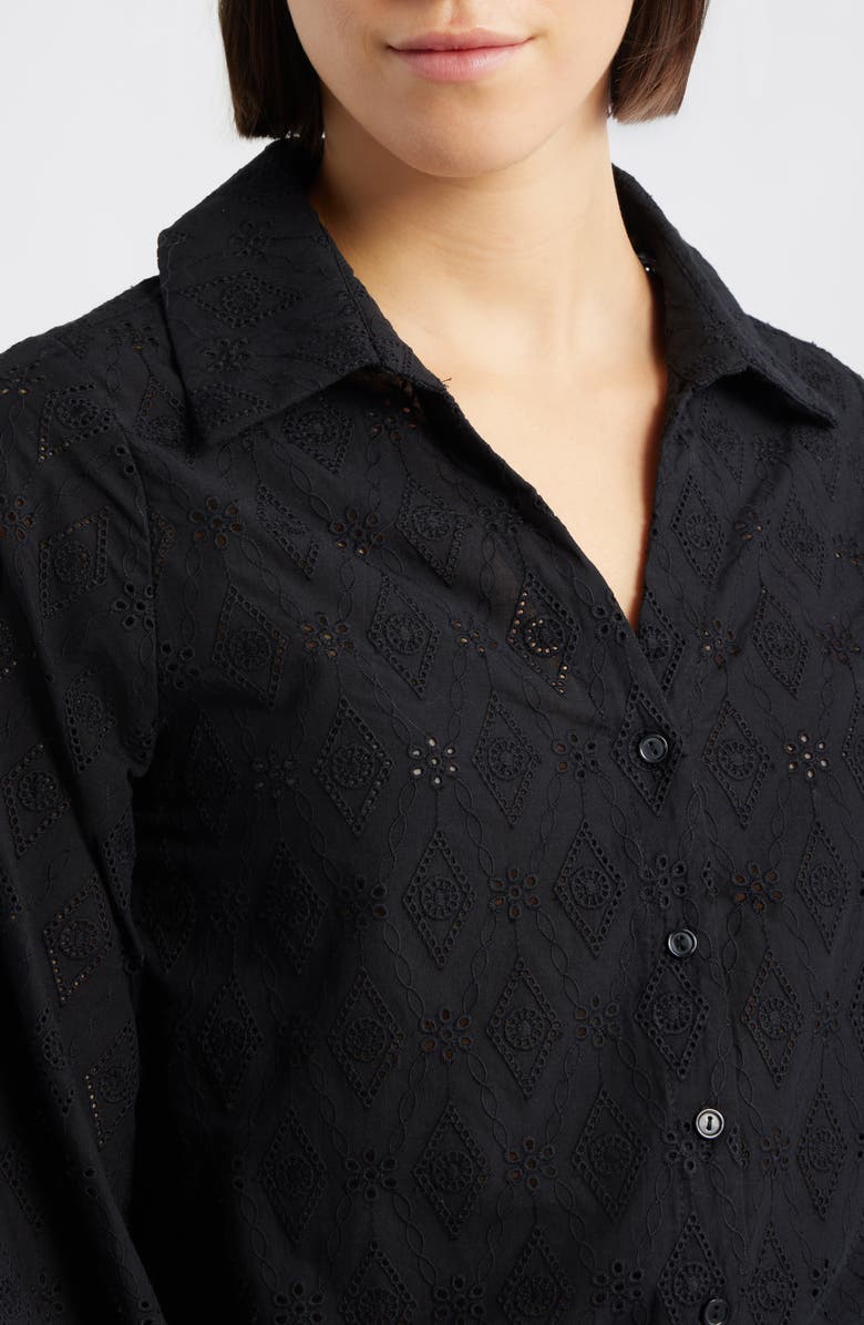 Bobeau Embroidered Eyelet Cotton Button-Up Shirt, Alternate, color, Black