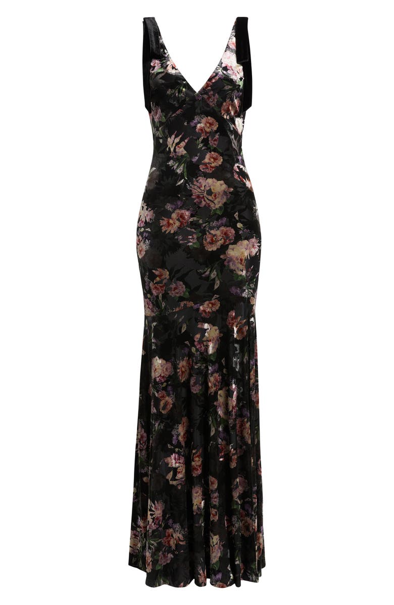 Lulus Coraline Velvet Shoulder Sleeveless Gown, Alternate, color, Black Floral