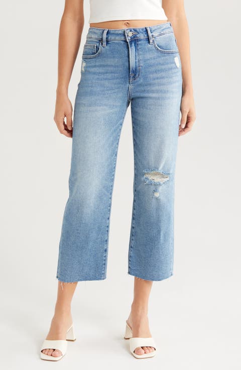 Ripped Raw Hem High Waist Crop Wide Leg Jeans