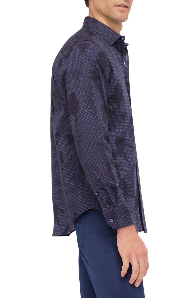 Bugatchi Julian Shaped Fit Leaf Print Lyocell Button-Up Shirt, Alternate, color, Plum