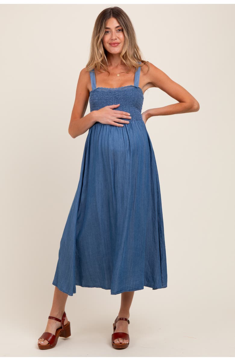 PinkBlush Smocked Chambray Tie Back Cutout Midi Dress, Alternate, color, Blue