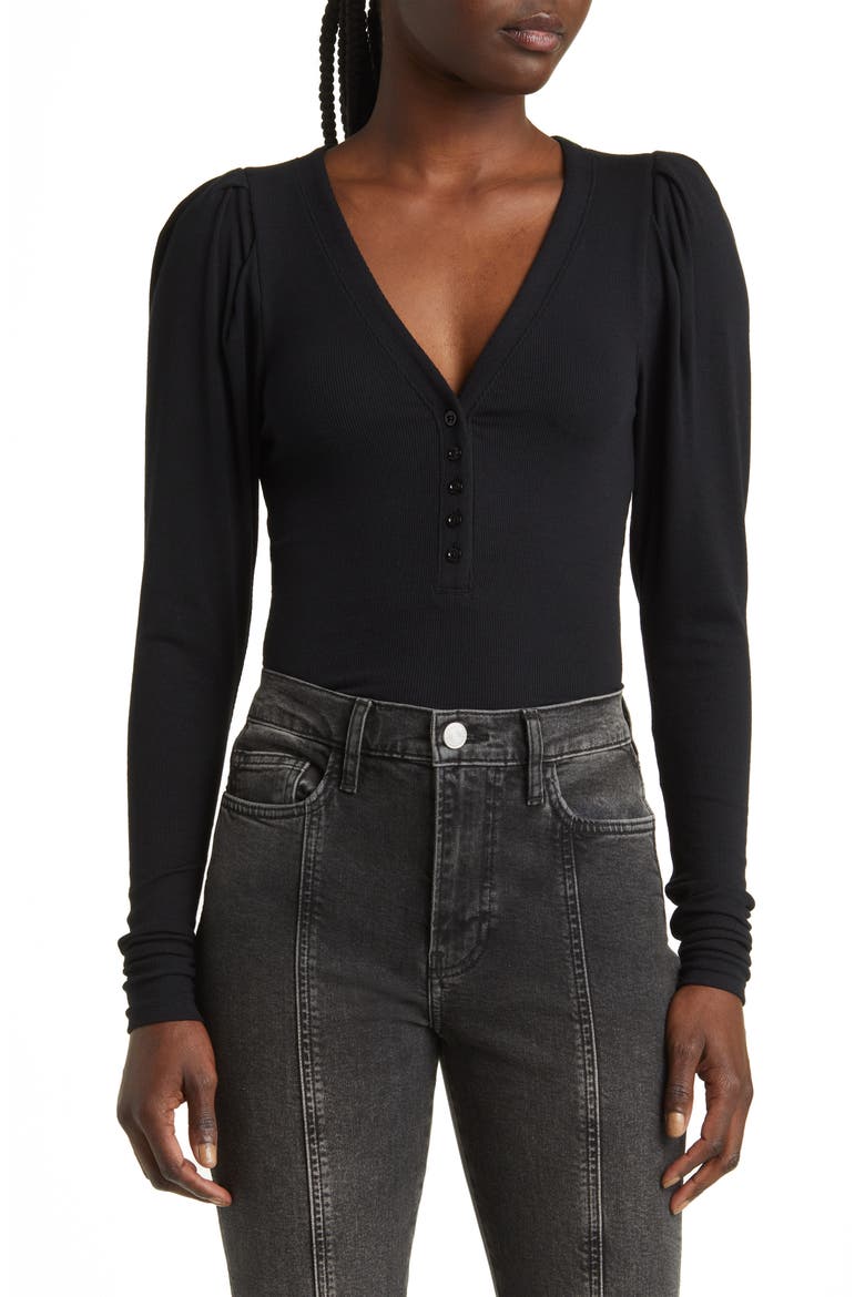 Puff Shoulder Rib Henley, Main, color, BLACK