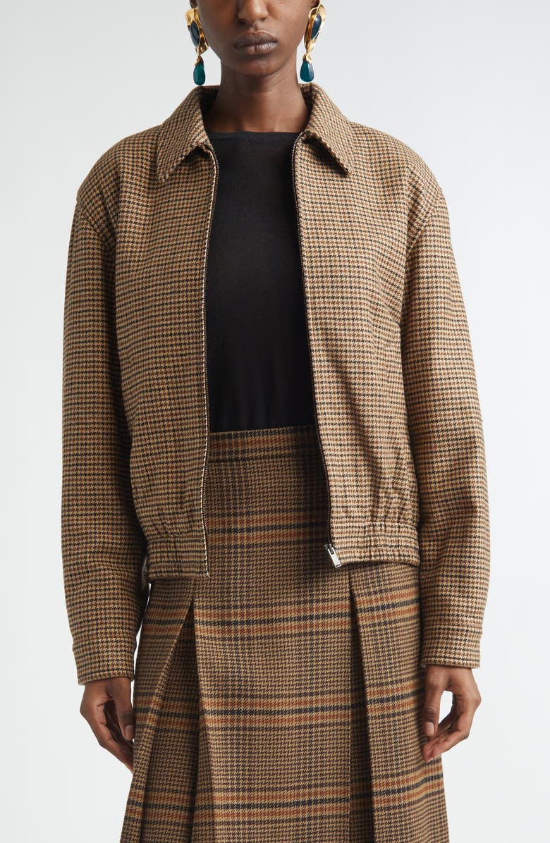 Saint Laurent Houndstooth Bomber Jacket, Main, color, Beige/ Marron/ Noir