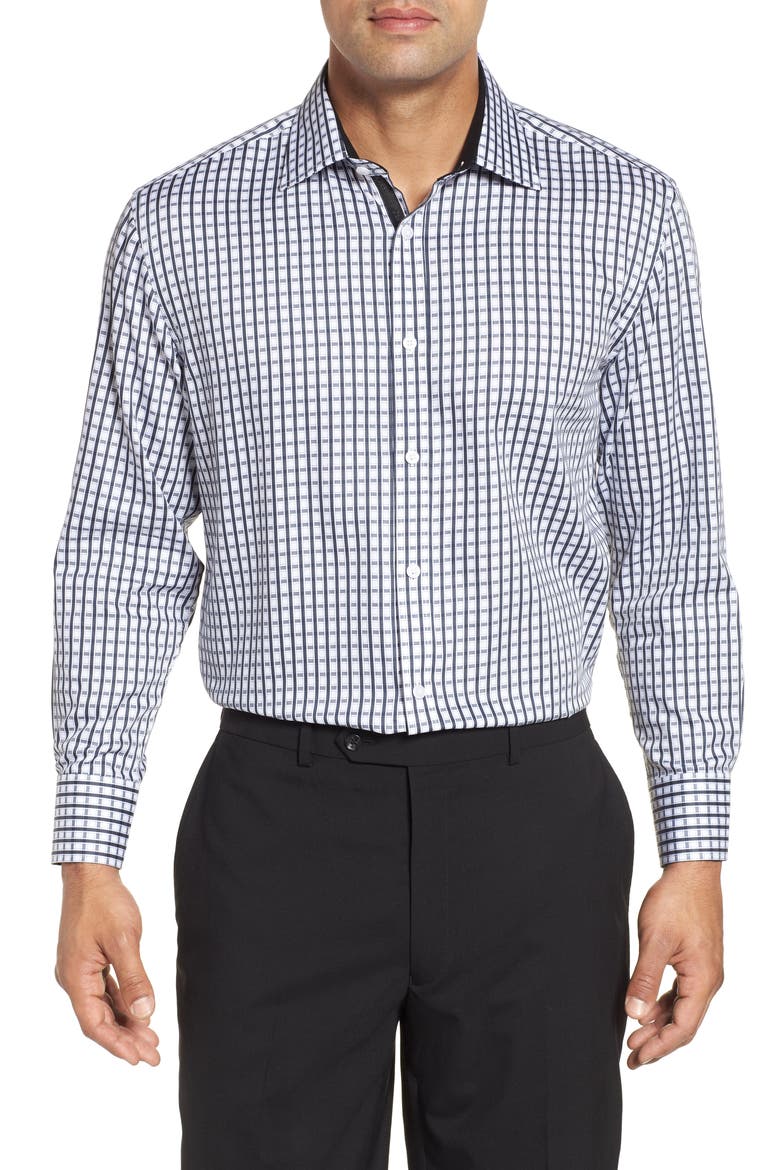 Trim Fit Check Dress Shirt, Main, color, BLACK