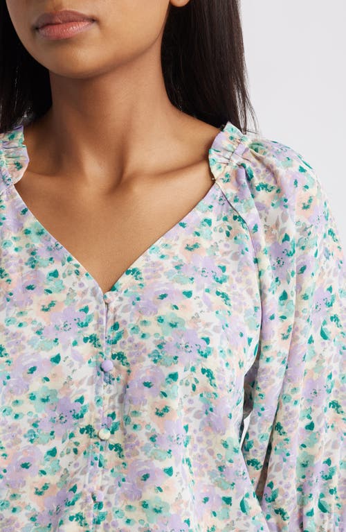 Bobeau Floral Button-up Top In Purple/peach Floral