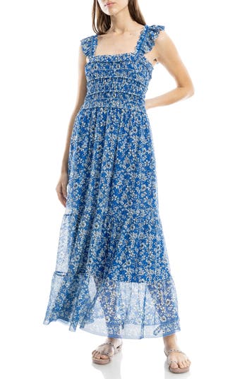 Max Studio Floral Ruffle Strap Smocked Tiered Chiffon Maxi Dress In Blubkdor