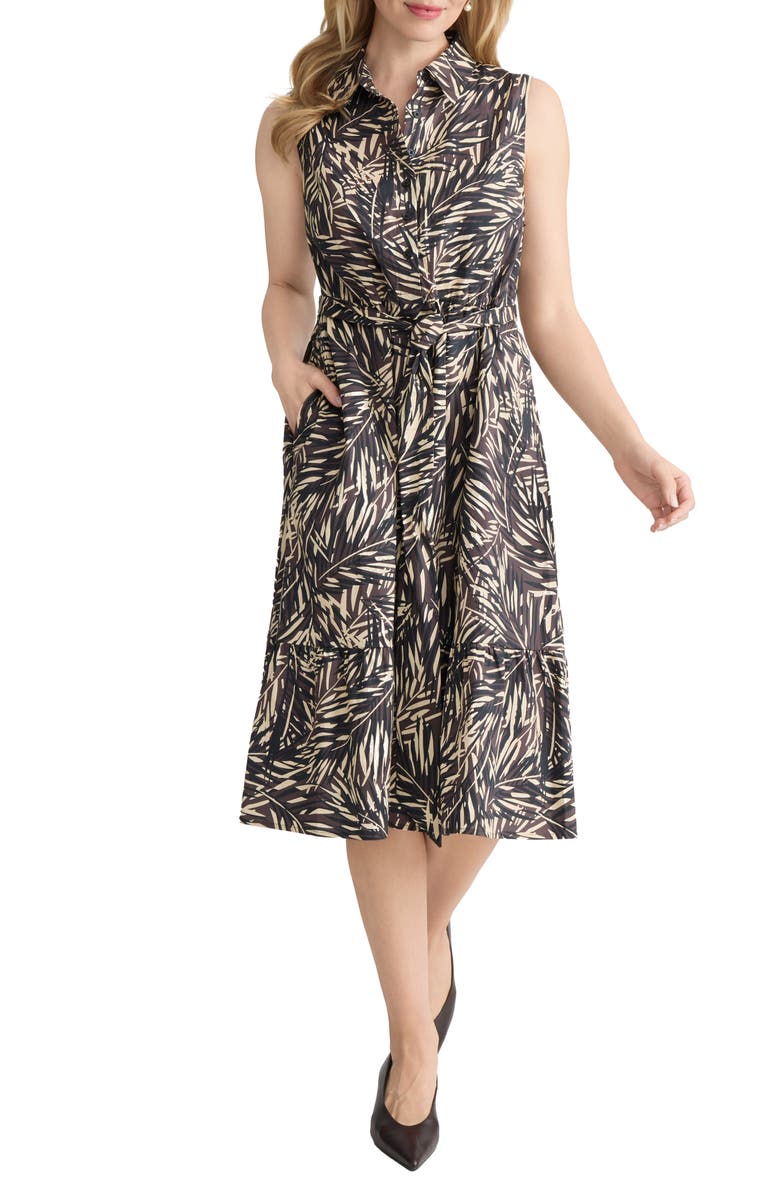 Jones New York Summer Tie Waist Sleeveless Shirtdress, Main, color, Fudge Multi