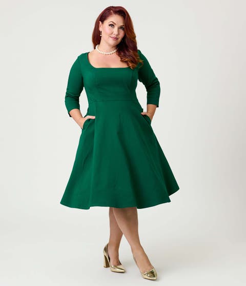 Plus Size Square Neck Pleated Swing Dress