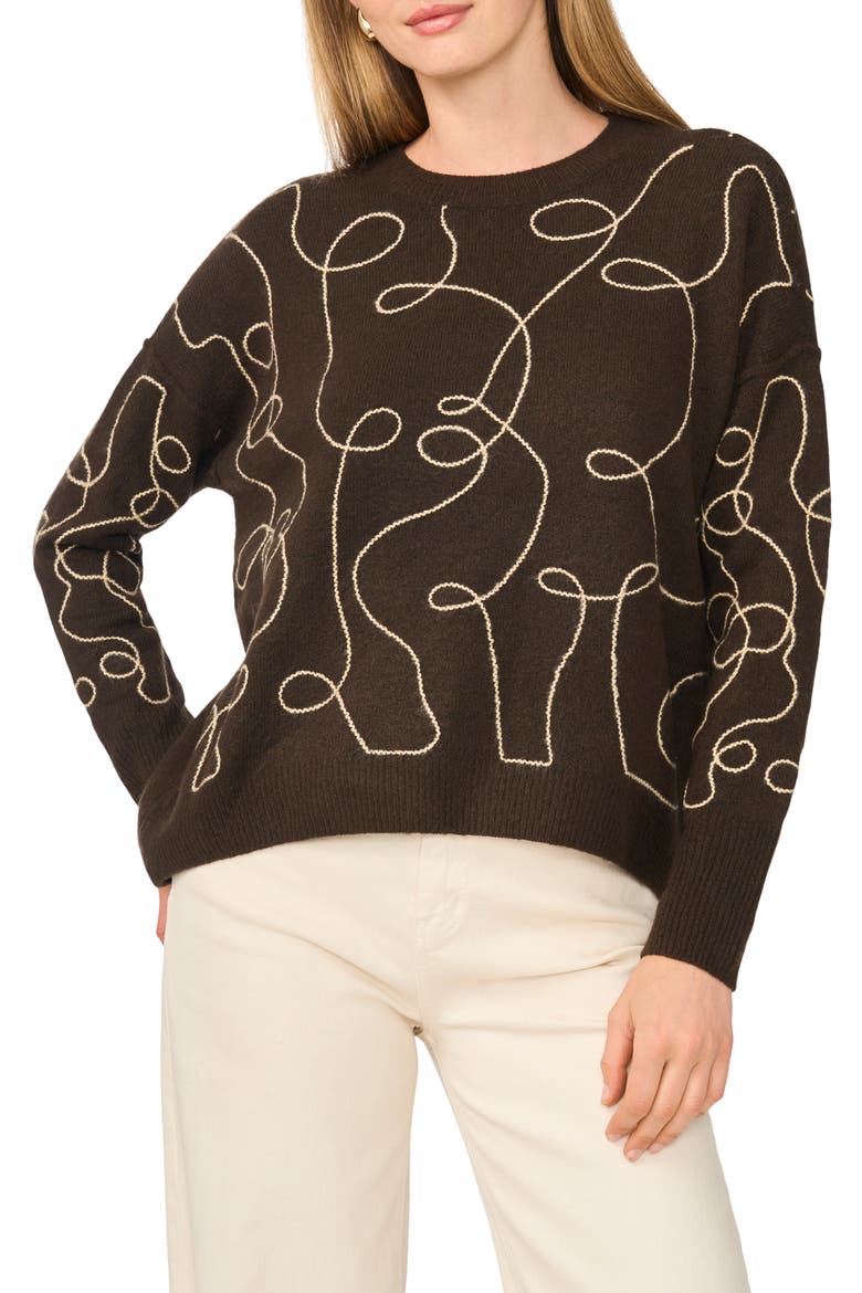 Embroidered Line Art Sweater, Main, color, CHOCOLATE