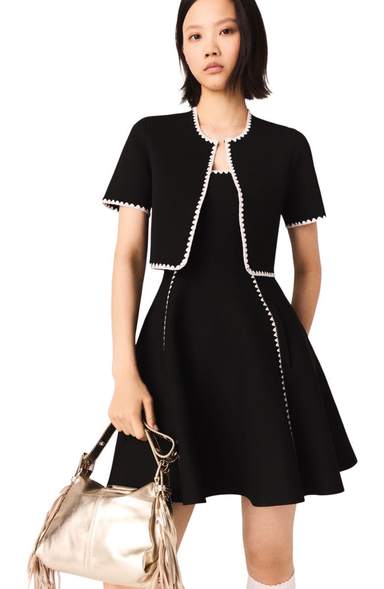 maje Topstitched cropped cardigan, Alternate, color, Black