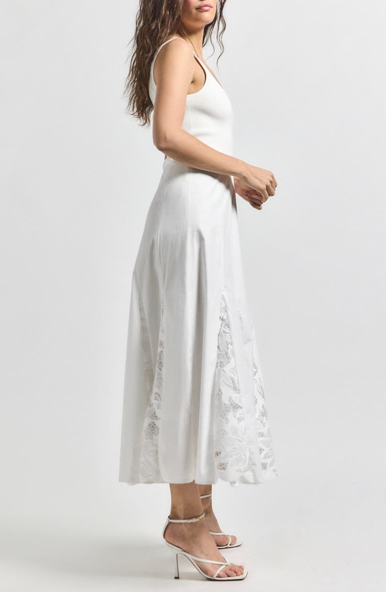 Derek Lam 10 Crosby Maeleyse Mixed Media Lace Detail Godet Pleat Stretch Cotton Midi Dress, Alternate, color, Soft White