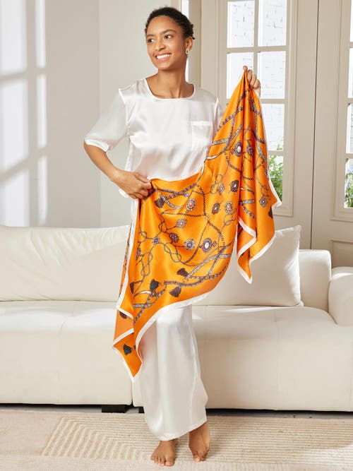 Silksilky 100% Mulberry Silk Printed Rectangular Long Shawl Scarf 170x53cm In Orange