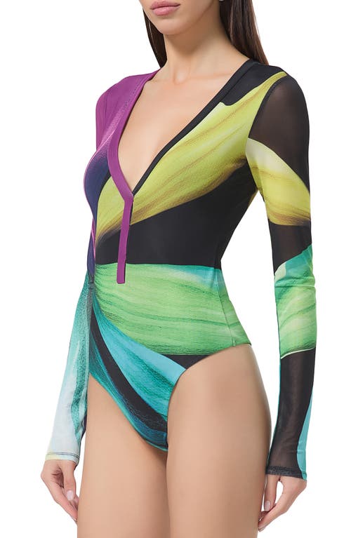 Afrm Harris Print Mesh Bodysuit In Black Lotus