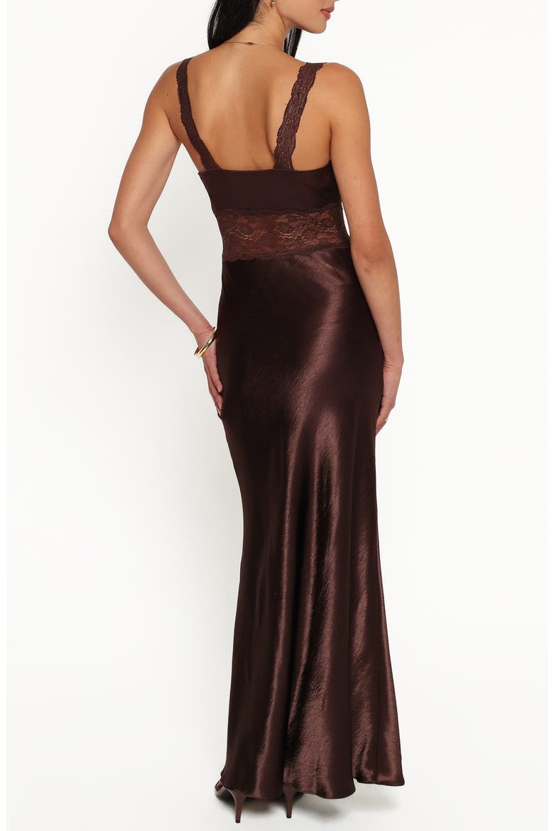 Nitara Lace Trim Satin Maxi Dress, Alternate, color, BROWN