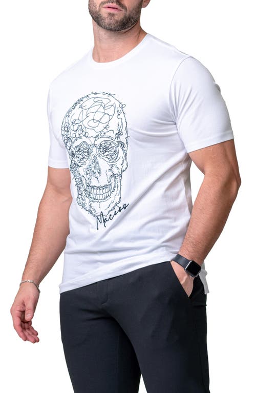 Maceoo Scribbleskull White Embroidered Skull Stretch Cotton T-shirt In White