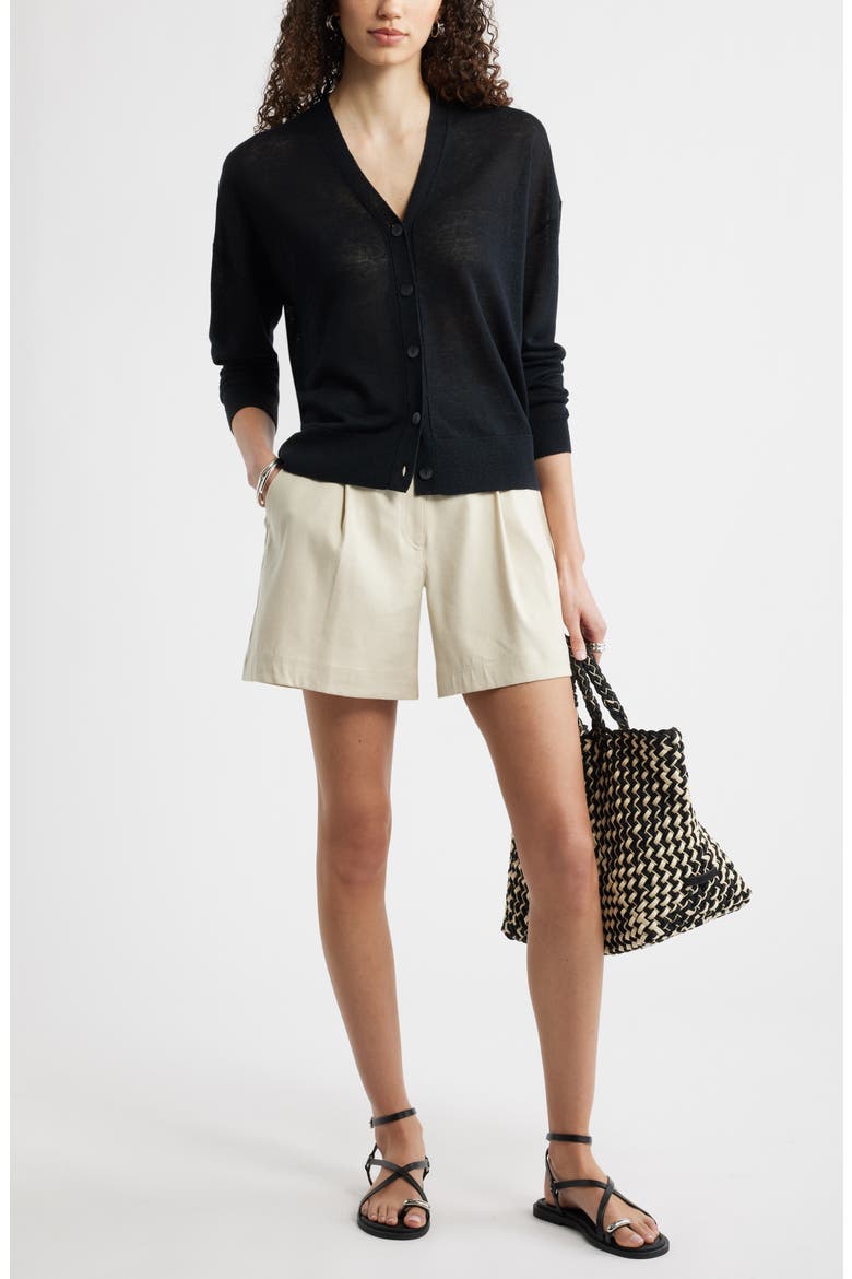 V-Neck Linen & Viscose Cardigan, Alternate, color, BLACK