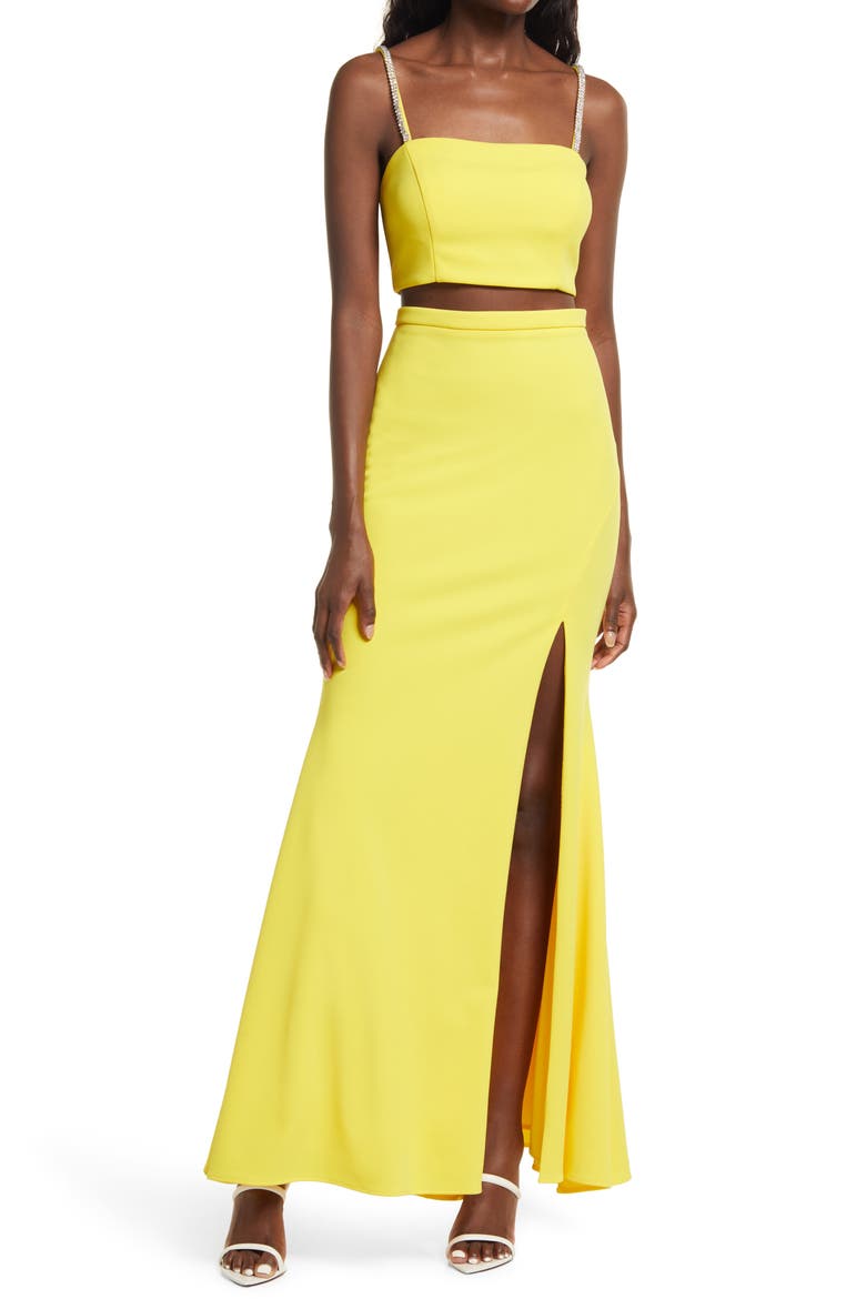 Xscape Crop Top & Skirt Set, Main, color, YELLOW