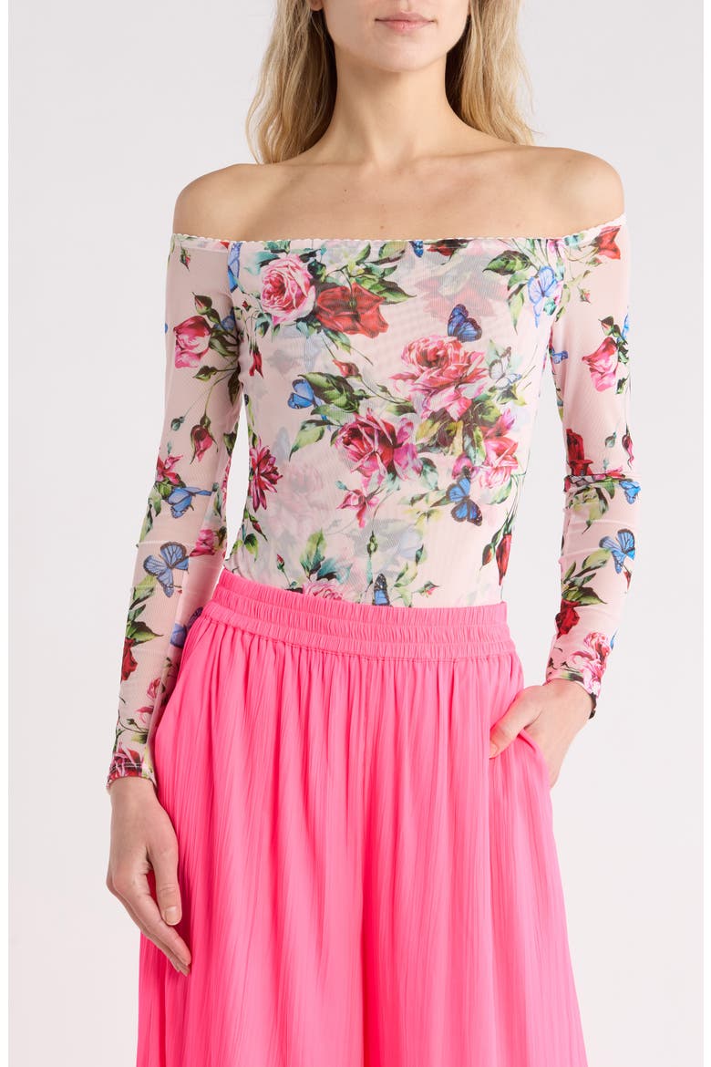 Peonie Off the Shoulder Long Sleeve Mesh Bodysuit, Main, color, LIGHT PINK MULTI FEMME ROSE