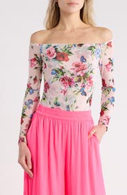 L'AGENCE Peonie Off the Shoulder Long Sleeve Mesh Bodysuit