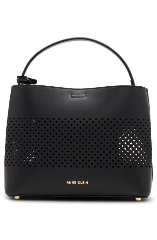 Shop Anne Klein Perforated Satchel In Black/black/metallic Gold