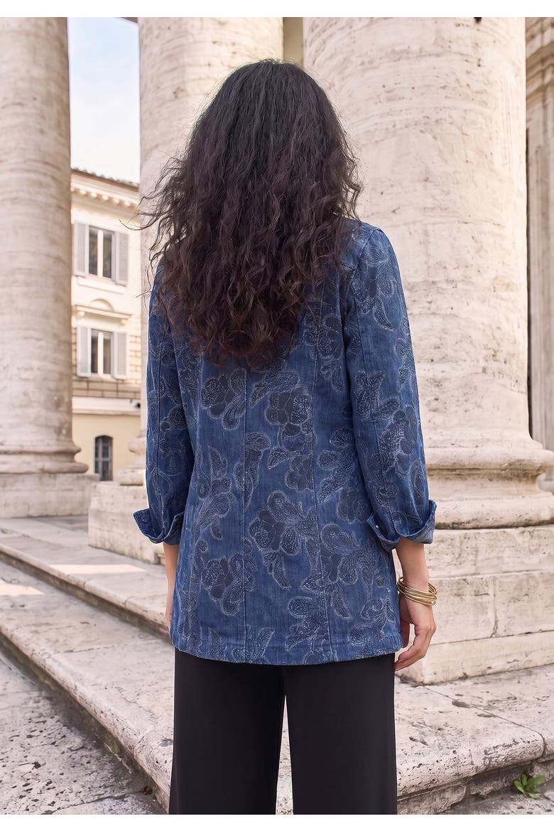 Long Denim Jacket, Alternate, color, INDIGO ROSE SCROLL