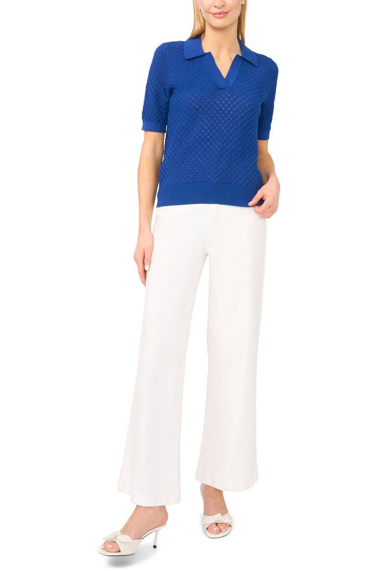 Pointelle Short Sleeve Cotton Polo Sweater, Alternate, color, OCEAN WAVES