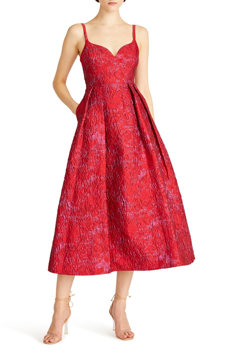 ML Monique Lhuillier Isabela Metallic Floral Jacquard Midi Cocktail Dress, Main, color, Carmine Multi