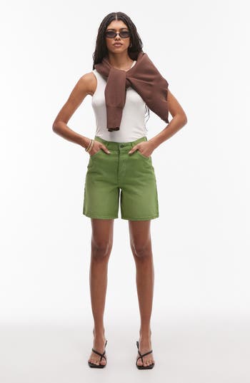 Topshop Loose Fit Denim Shorts In Green