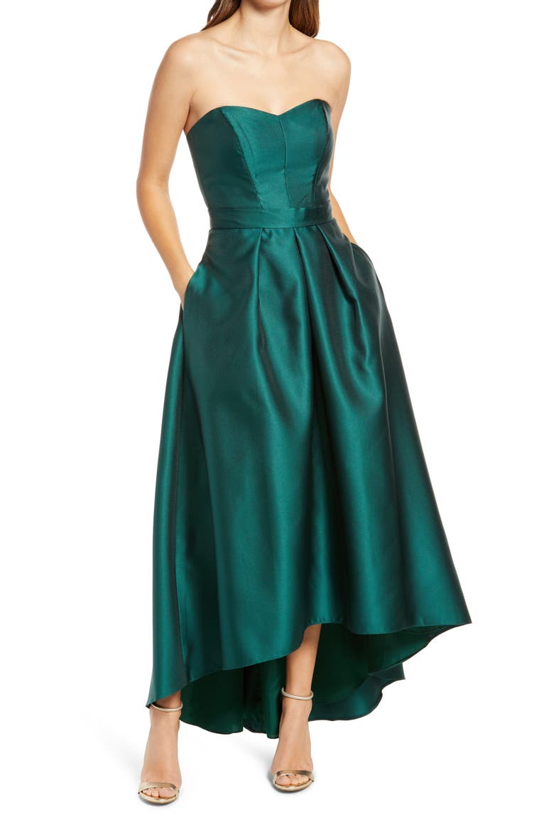 Strapless High/Low Ballgown, Main, color, HUNTER