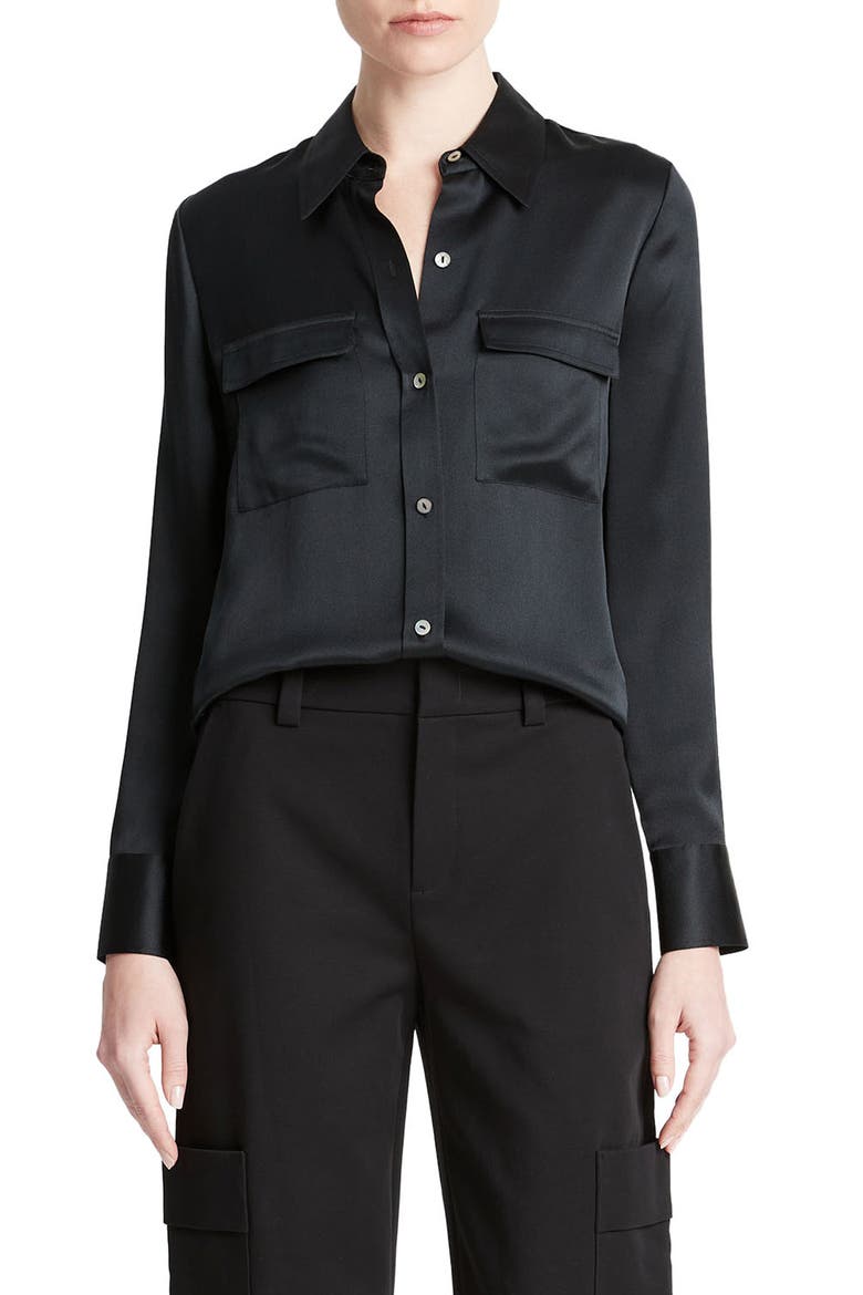 Chest Pocket Satin Shirt, Main, color, BLACK